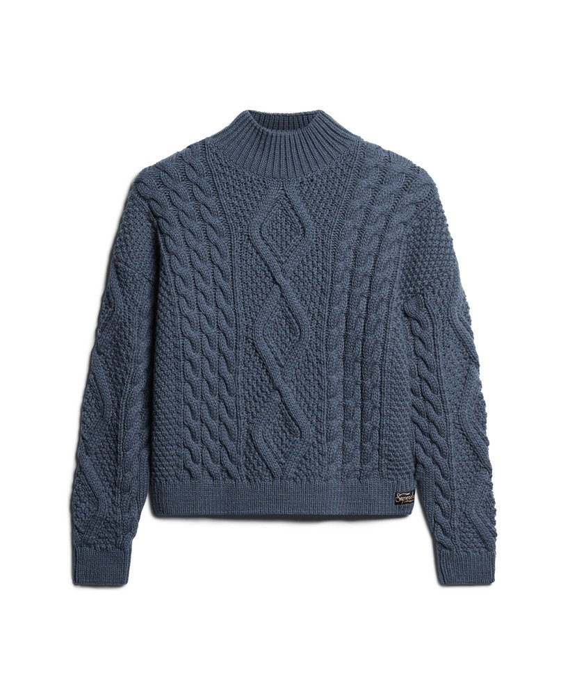 suéter polo de tricô aran em azul jeans vintage