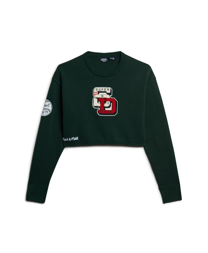 suéter universitário cropped de gola redonda na cor verde esmalte.