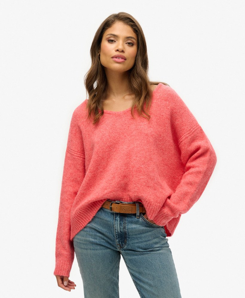 suéter oversized com decote em v e torção vermelha coral