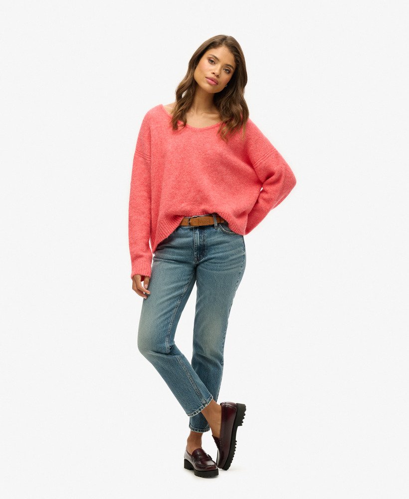 suéter oversized com decote em v e torção vermelha coral