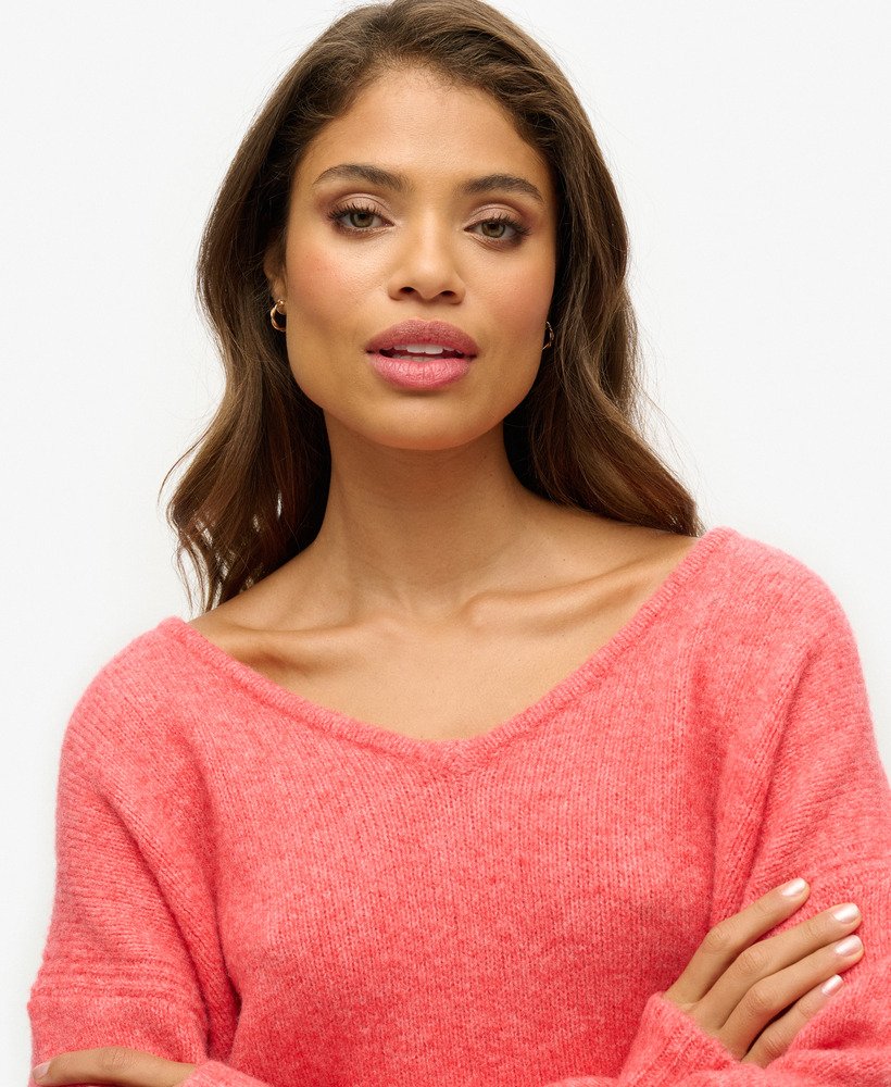 suéter oversized com decote em v e torção vermelha coral