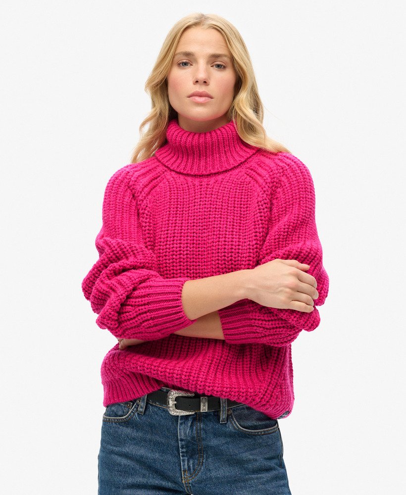 tricô de gola alta com ponto folgado em mescla rosa magenta hiper
