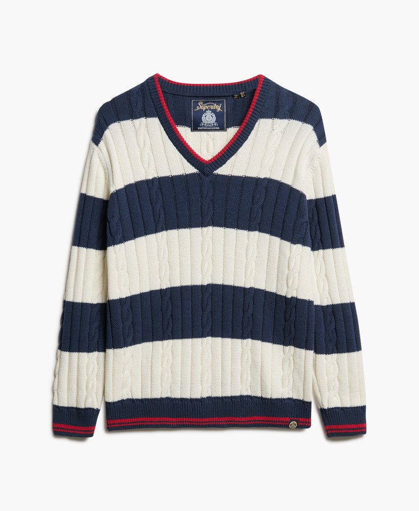 suéter oversized com decote em v e estampa de listras em azul marinho intenso.