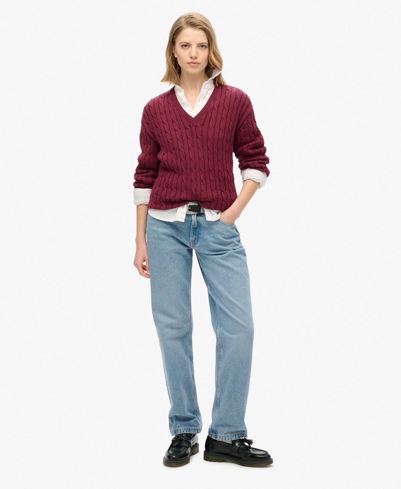 blusa oversized com decote em v e tranças na cor vermelho bordô
