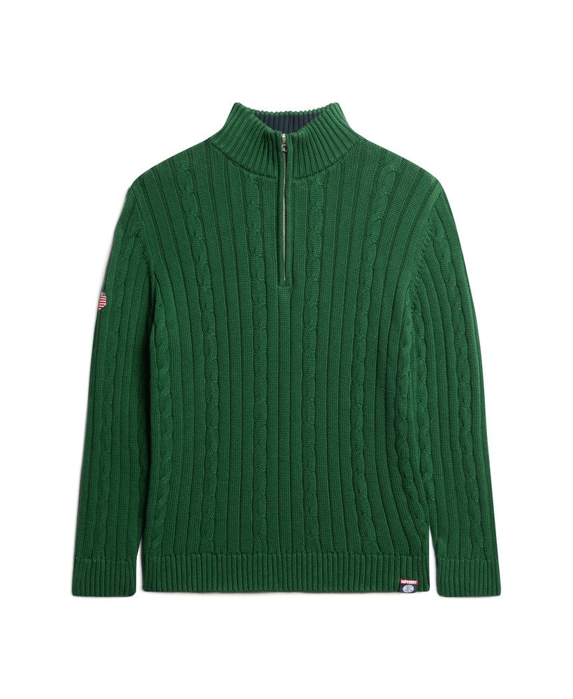 suéter henley de rugby tricotado na cor verde-floresta.
