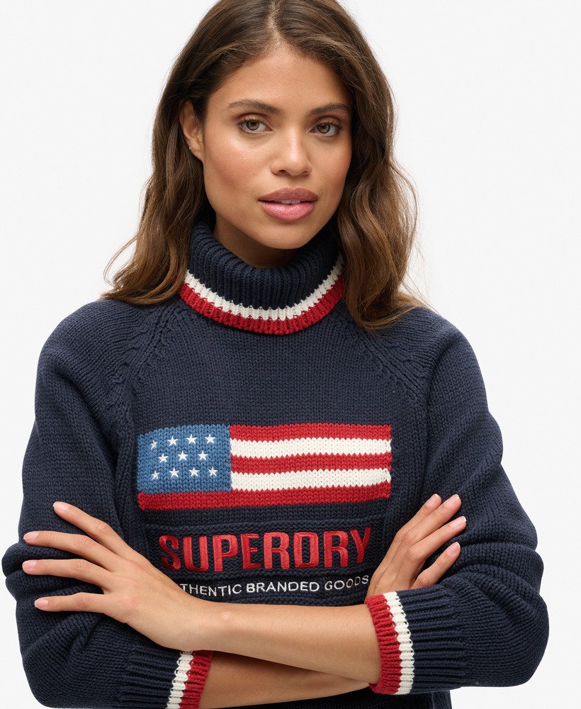 suéter de gola alta americana em tricô na cor azul marinho eclipse.