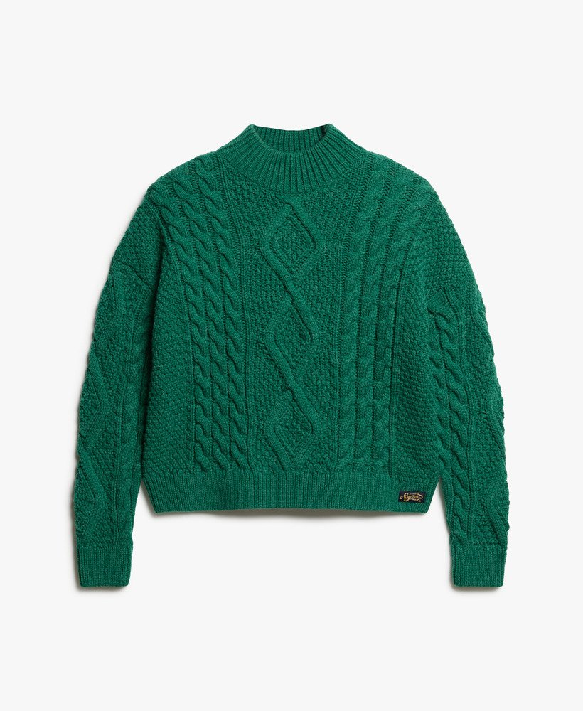 suéter polo de malha trançada aran na cor verde pinheiro.