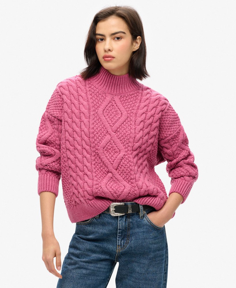suéter polo aran com tranças na cor rosa mamão