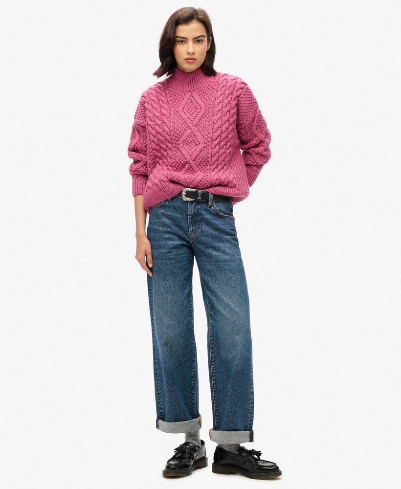 suéter polo aran com tranças na cor rosa mamão