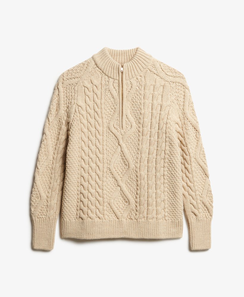 suéter aran de malha trançada com meio zíper na cor cru