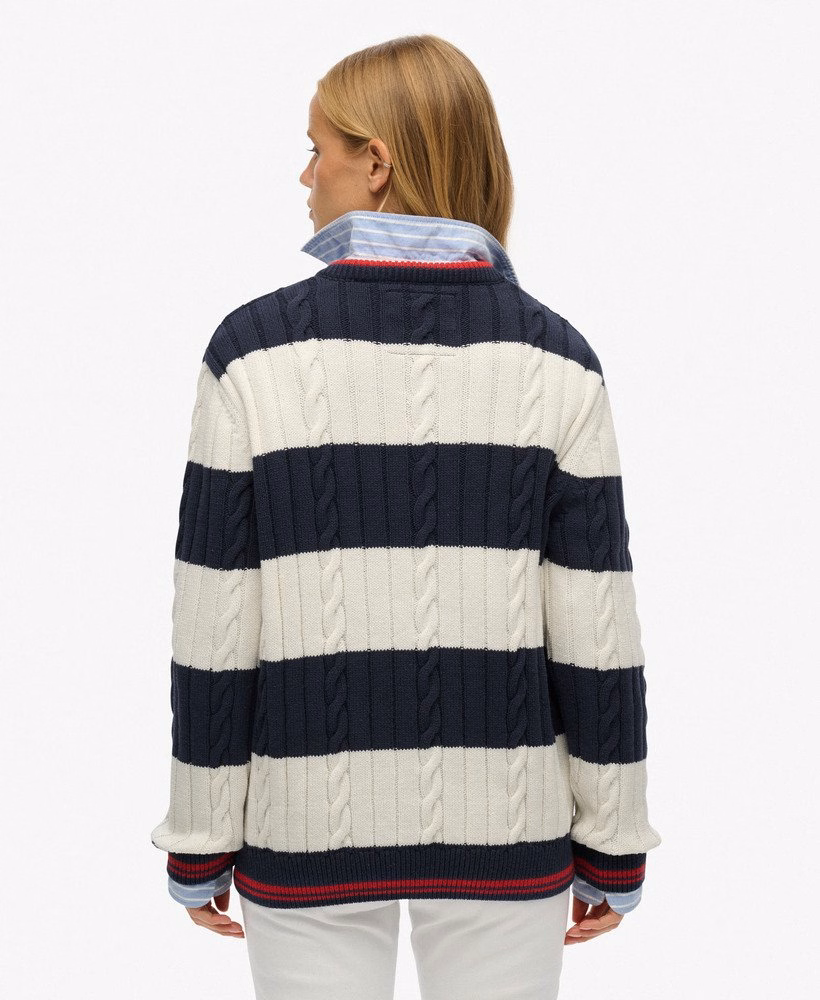 Suéter listrado oversized com decote em V e tranças