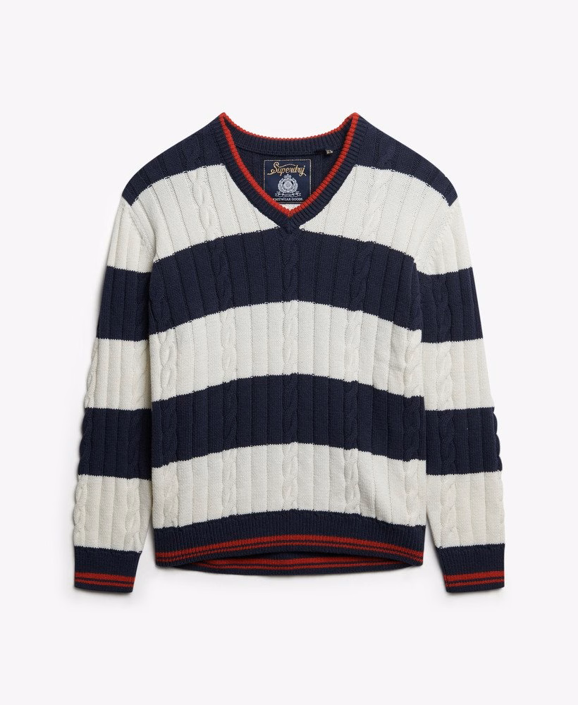 Suéter listrado oversized com decote em V e tranças