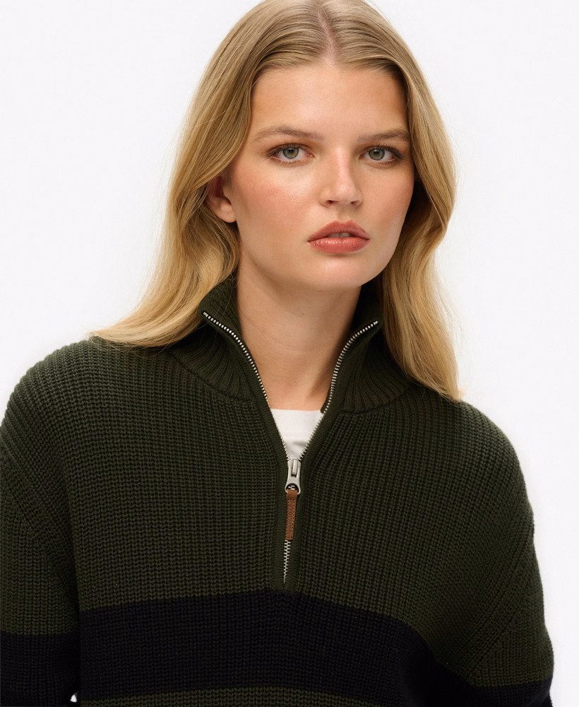 Suéter oversized de algodão com listras clássicas e meio zíper