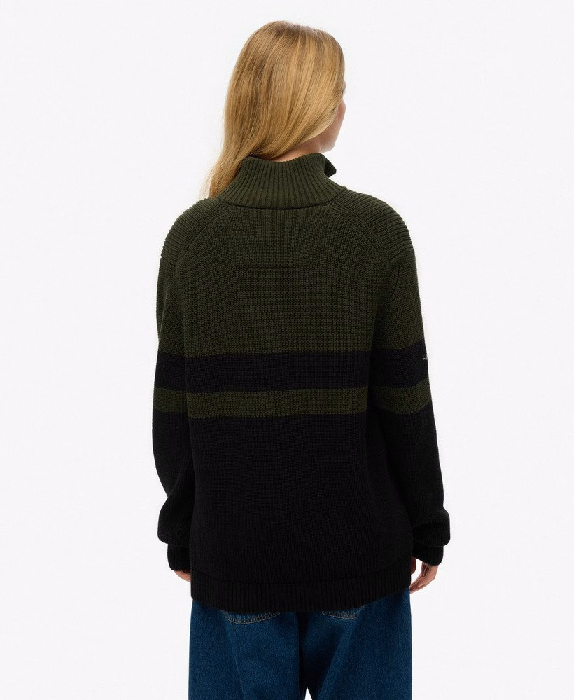 Suéter oversized de algodão com listras clássicas e meio zíper