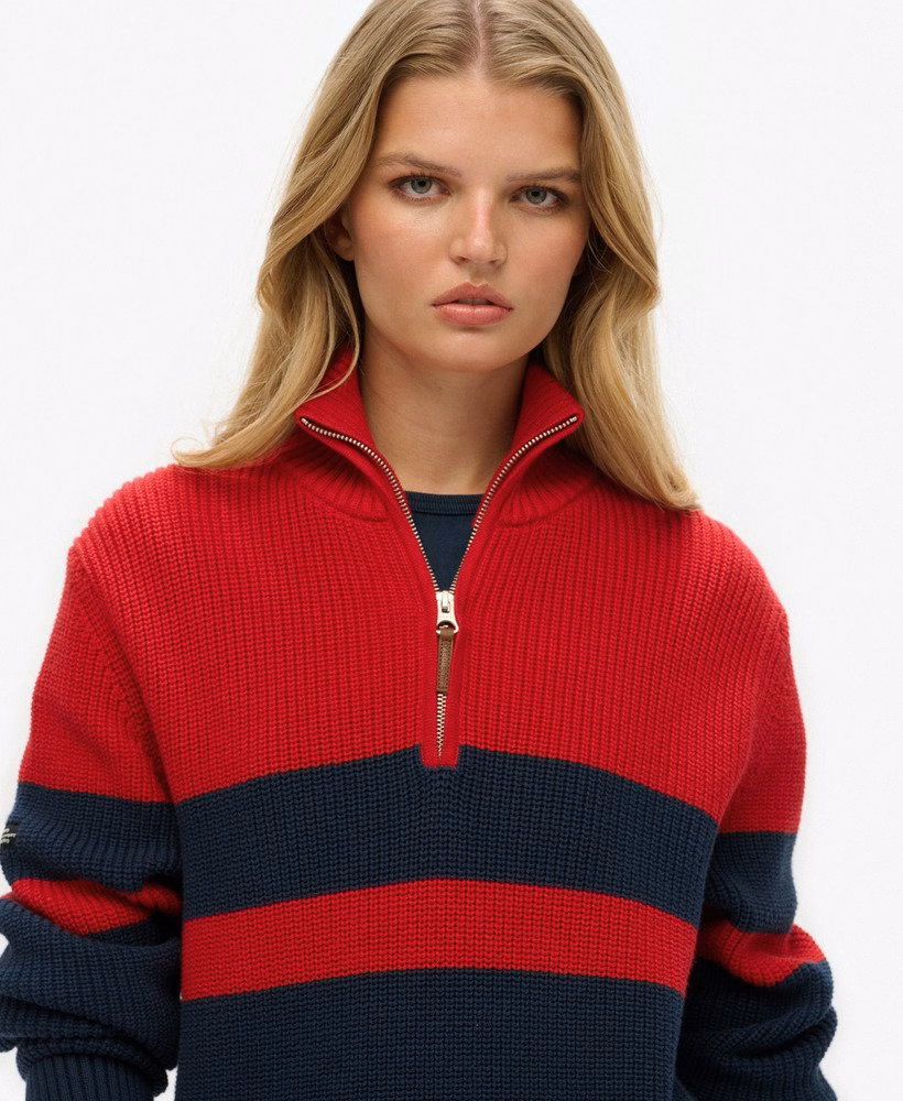 Suéter oversized de algodão com listras clássicas e meio zíper