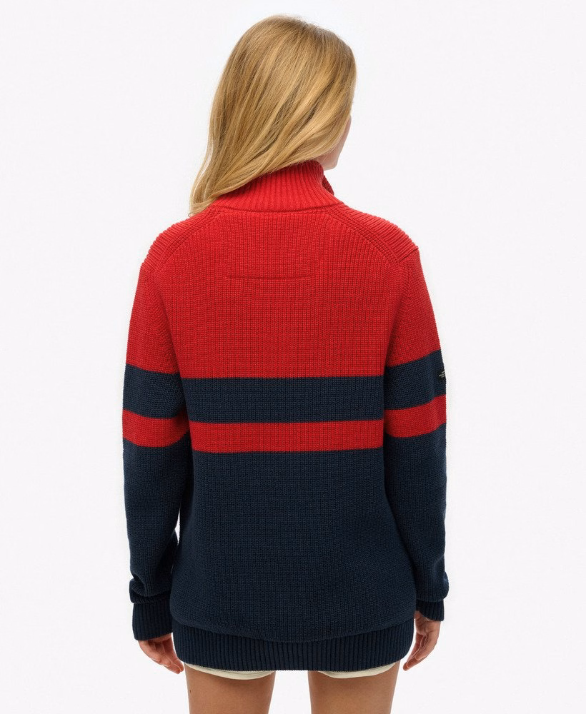 Suéter oversized de algodão com listras clássicas e meio zíper