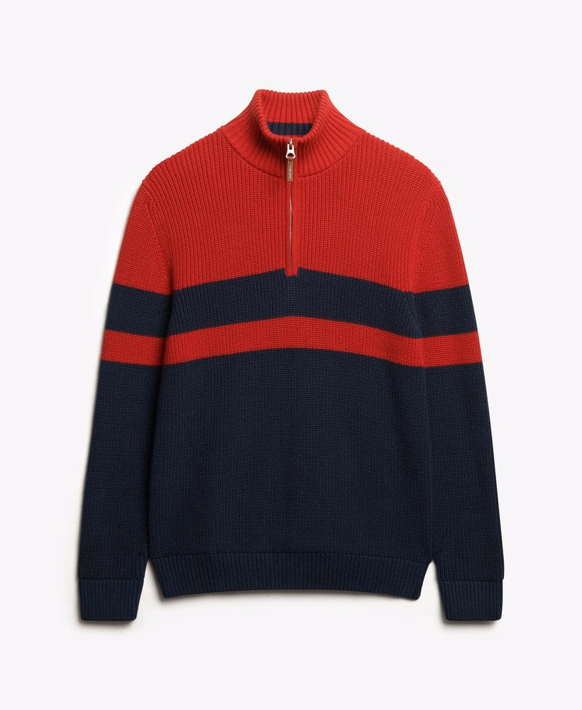 Suéter oversized de algodão com listras clássicas e meio zíper
