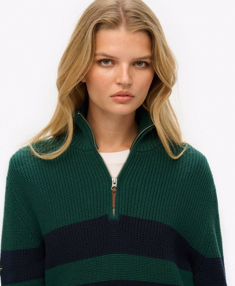 Suéter oversized de algodão com listras clássicas e meio zíper