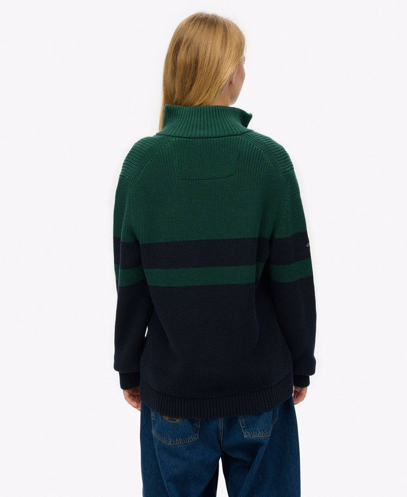 Suéter oversized de algodão com listras clássicas e meio zíper