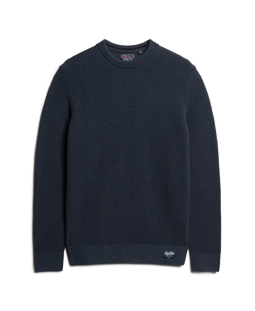 suéter de malha texturizada com gola redonda na cor eclipse navy heather.