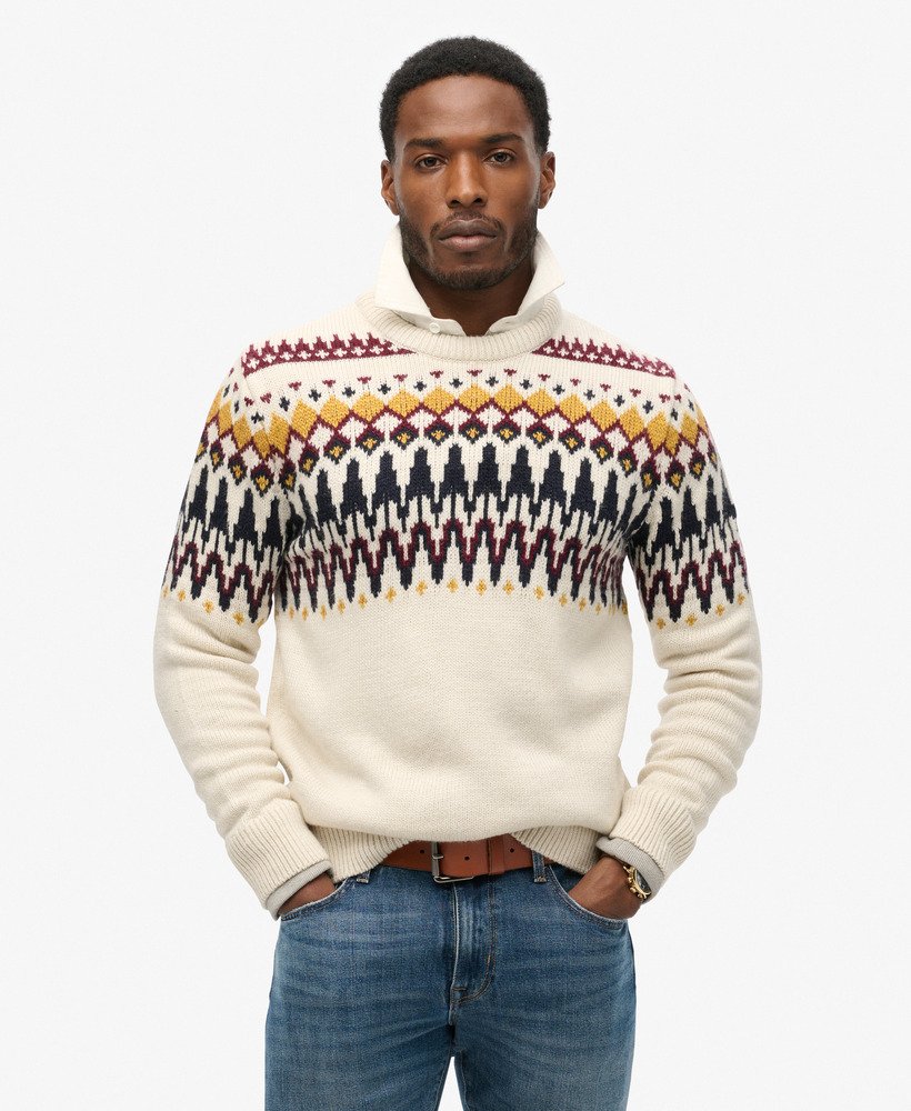 suéter de gola redonda em tricô fairisle na cor cru multicolorido