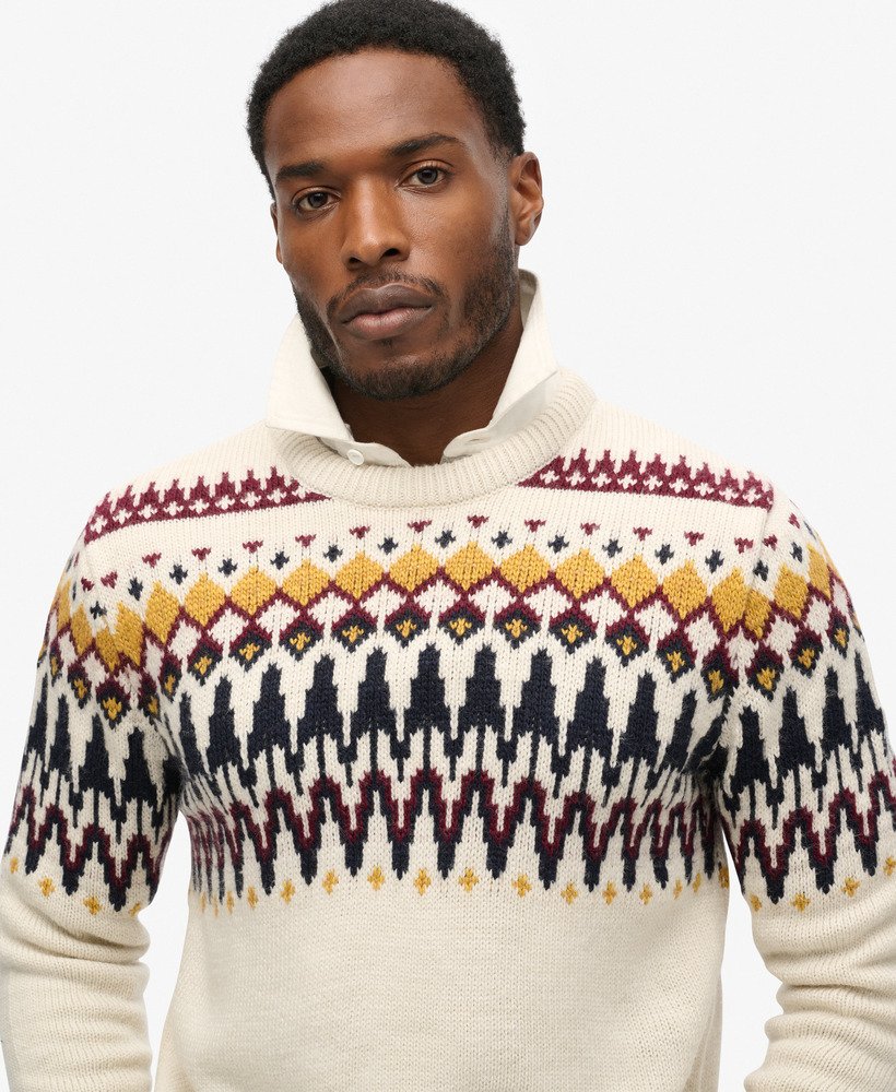 suéter de gola redonda em tricô fairisle na cor cru multicolorido