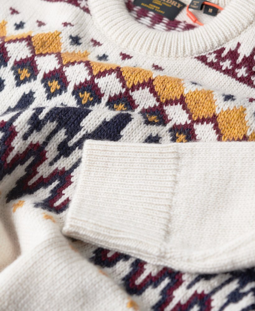 suéter de gola redonda em tricô fairisle na cor cru multicolorido
