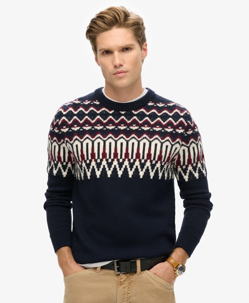 suéter de gola redonda em tricô fairisle na cor azul marinho multicolorido