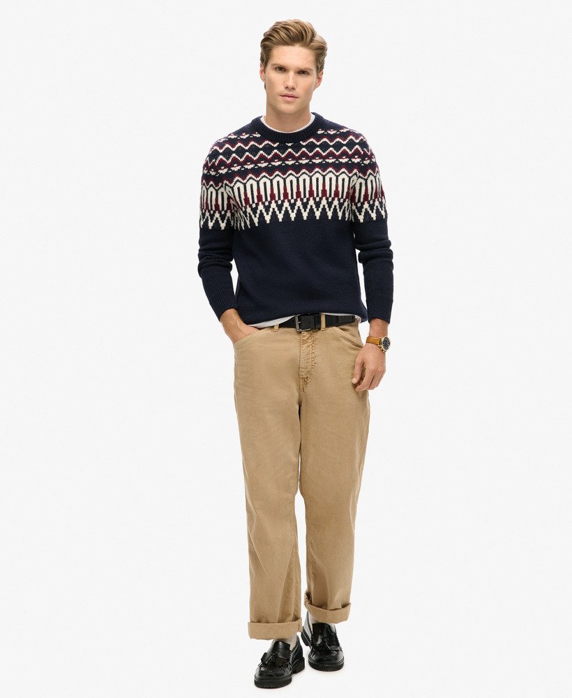 suéter de gola redonda em tricô fairisle na cor azul marinho multicolorido
