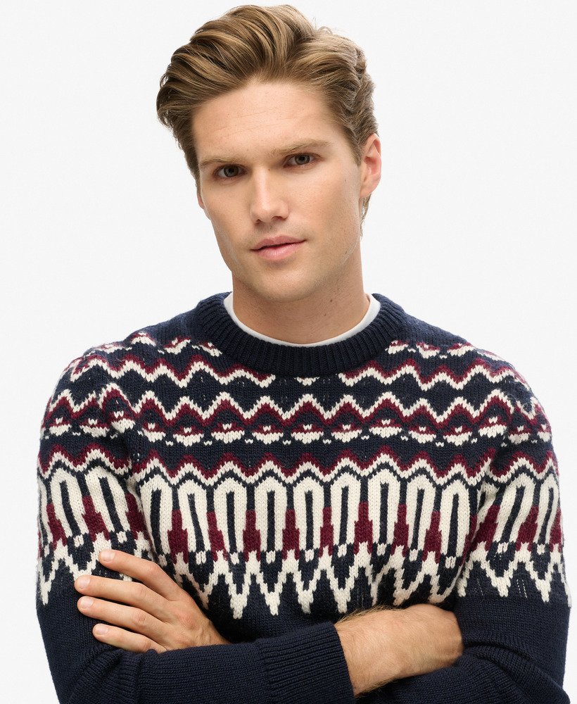 suéter de gola redonda em tricô fairisle na cor azul marinho multicolorido