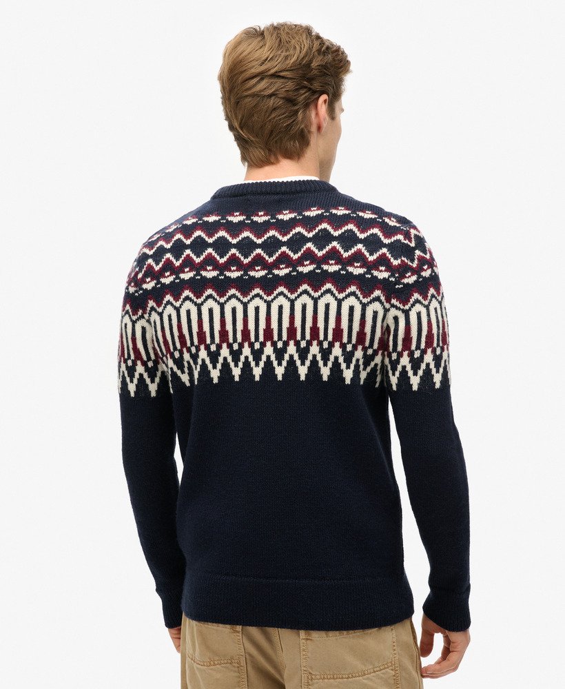 suéter de gola redonda em tricô fairisle na cor azul marinho multicolorido