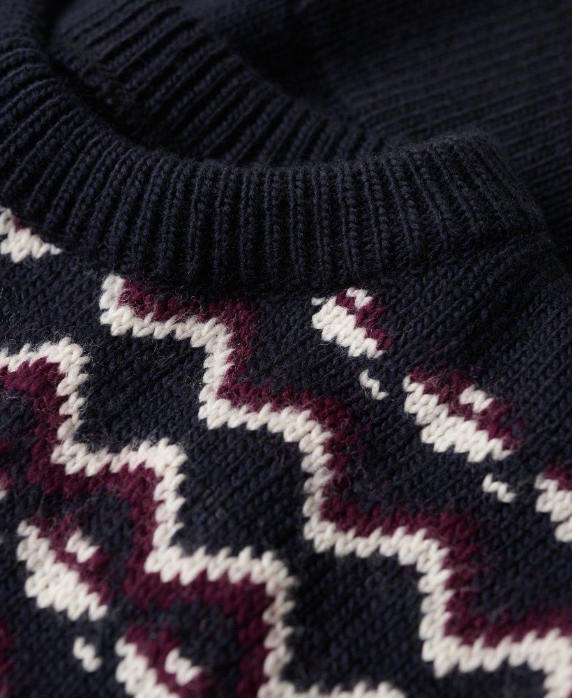 suéter de gola redonda em tricô fairisle na cor azul marinho multicolorido