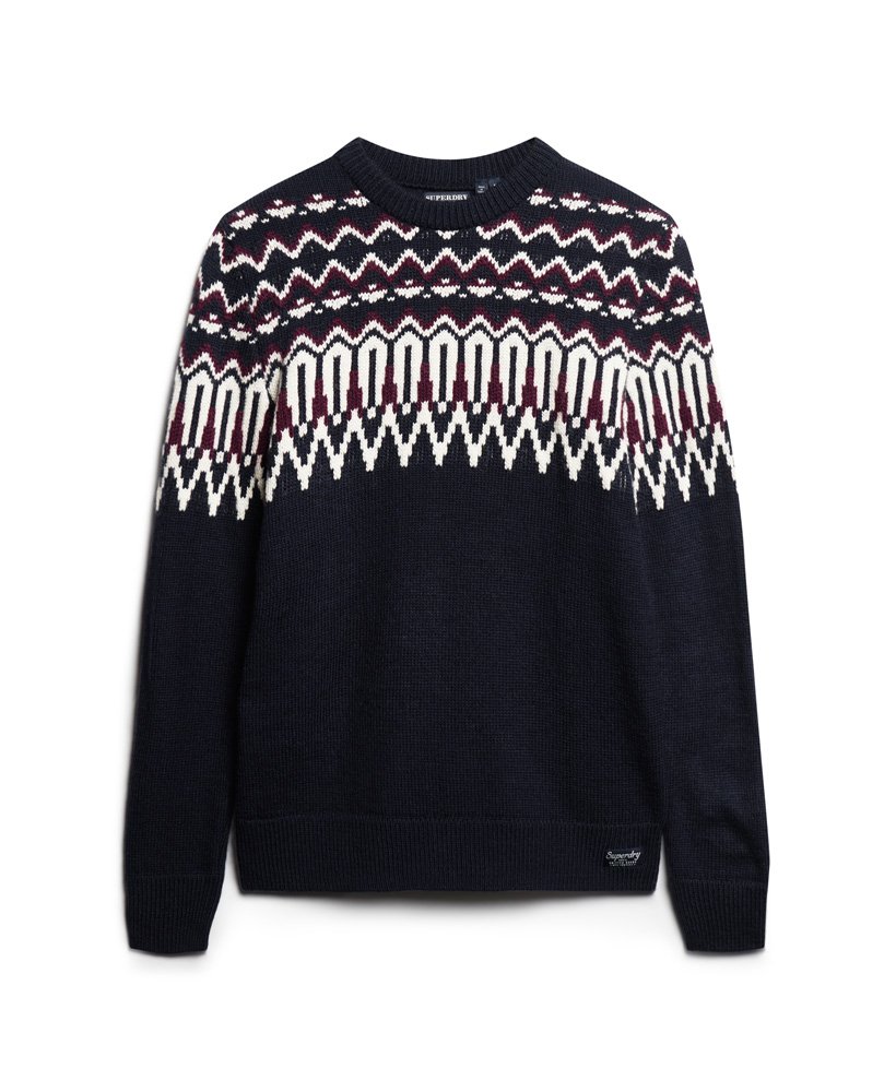 suéter de gola redonda em tricô fairisle na cor azul marinho multicolorido