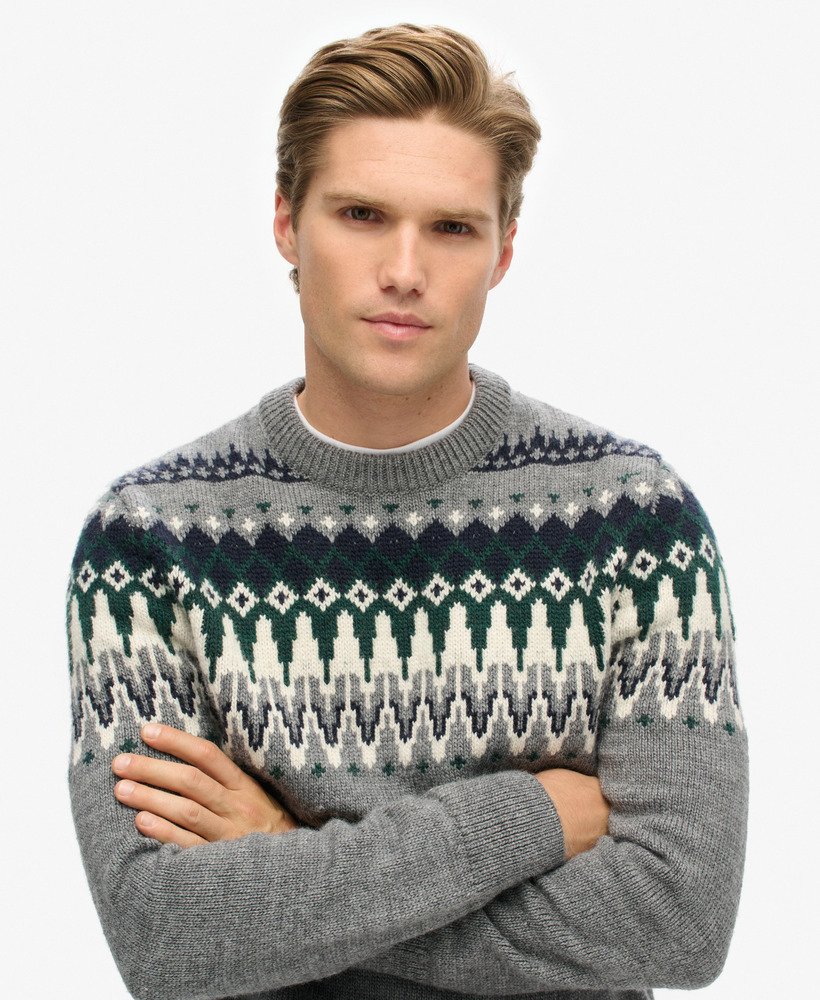 suéter de gola redonda em tricô fairisle na cor cinza mescla multicolorido