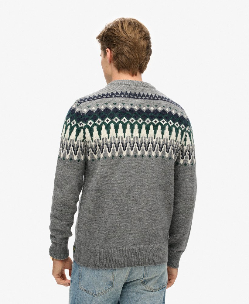 suéter de gola redonda em tricô fairisle na cor cinza mescla multicolorido
