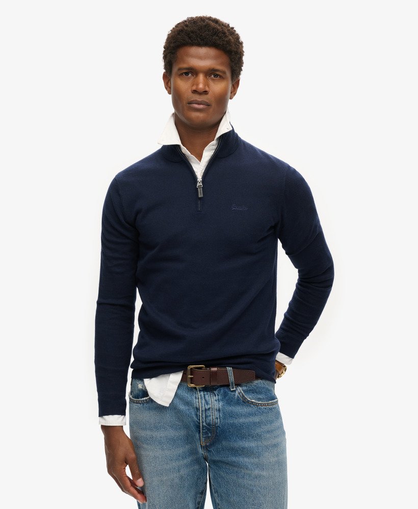 suéter de malha de algodão e cashmere com meio zíper na cor cinza marinho mesclado.