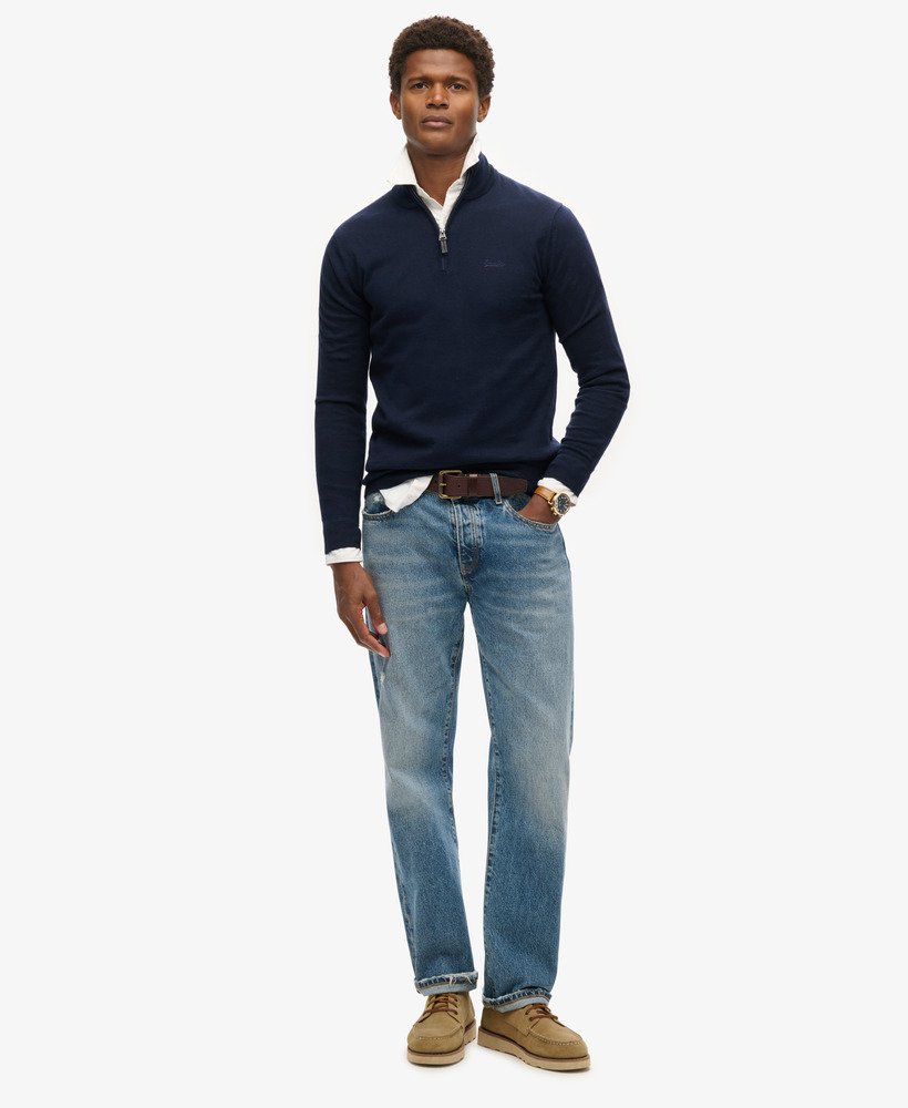 suéter de malha de algodão e cashmere com meio zíper na cor cinza marinho mesclado.