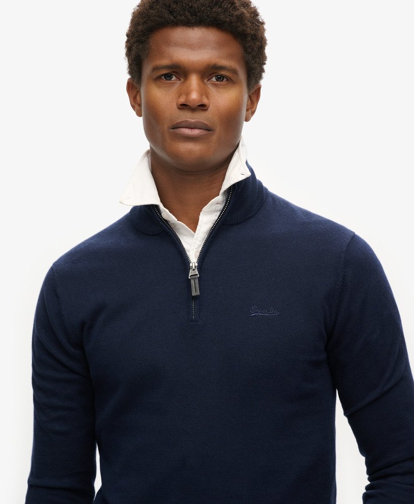 suéter de malha de algodão e cashmere com meio zíper na cor cinza marinho mesclado.