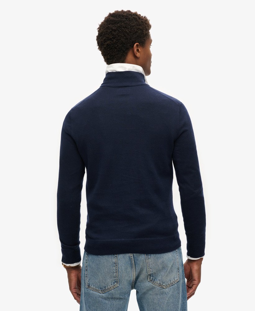 suéter de malha de algodão e cashmere com meio zíper na cor cinza marinho mesclado.