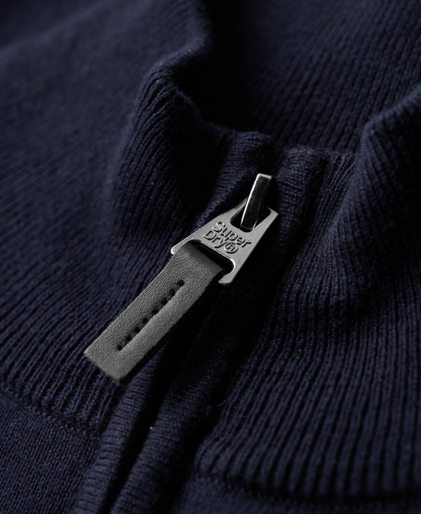 suéter de malha de algodão e cashmere com meio zíper na cor cinza marinho mesclado.