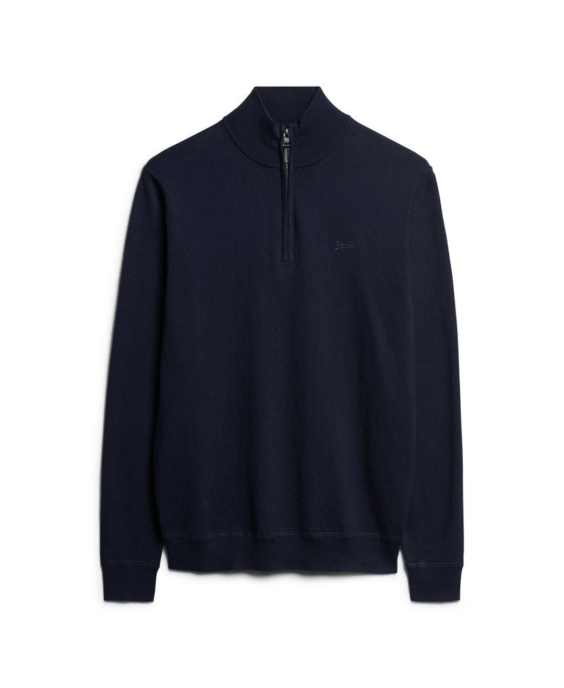 suéter de malha de algodão e cashmere com meio zíper na cor cinza marinho mesclado.
