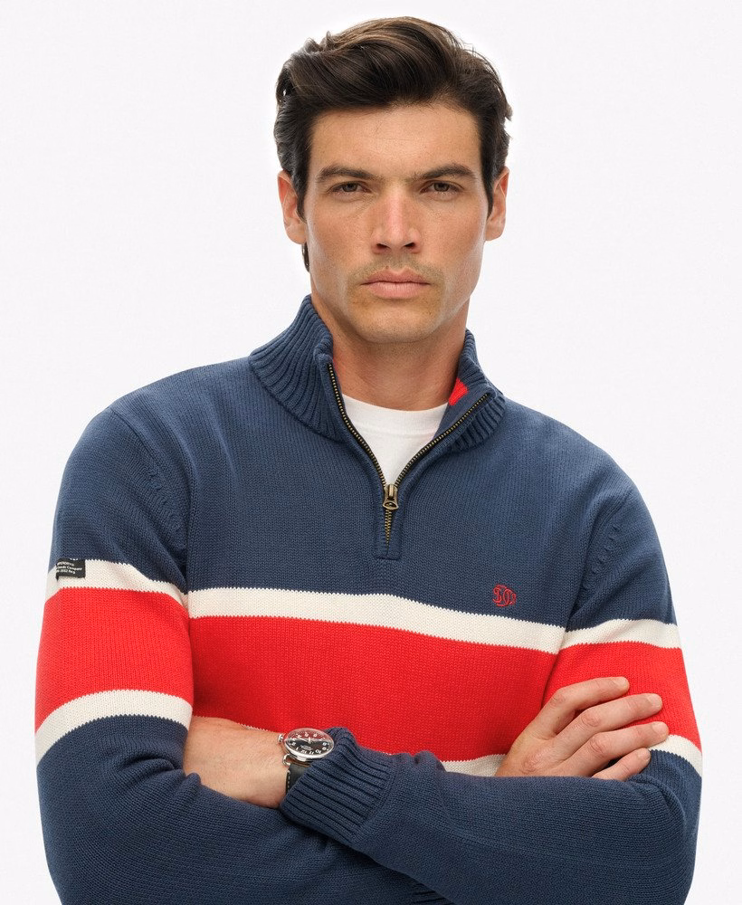 Blusa de malha listrada de algodão com meio zíper