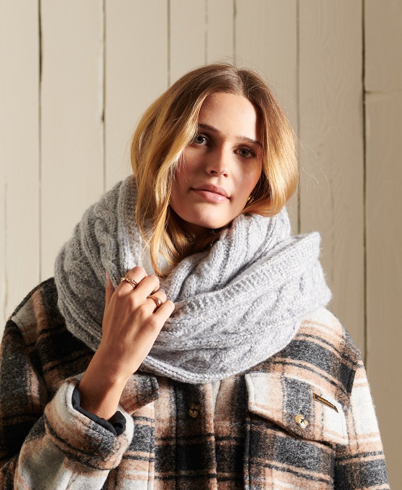 cachecol de tecido tweed cable snood em tweed cinza médio
