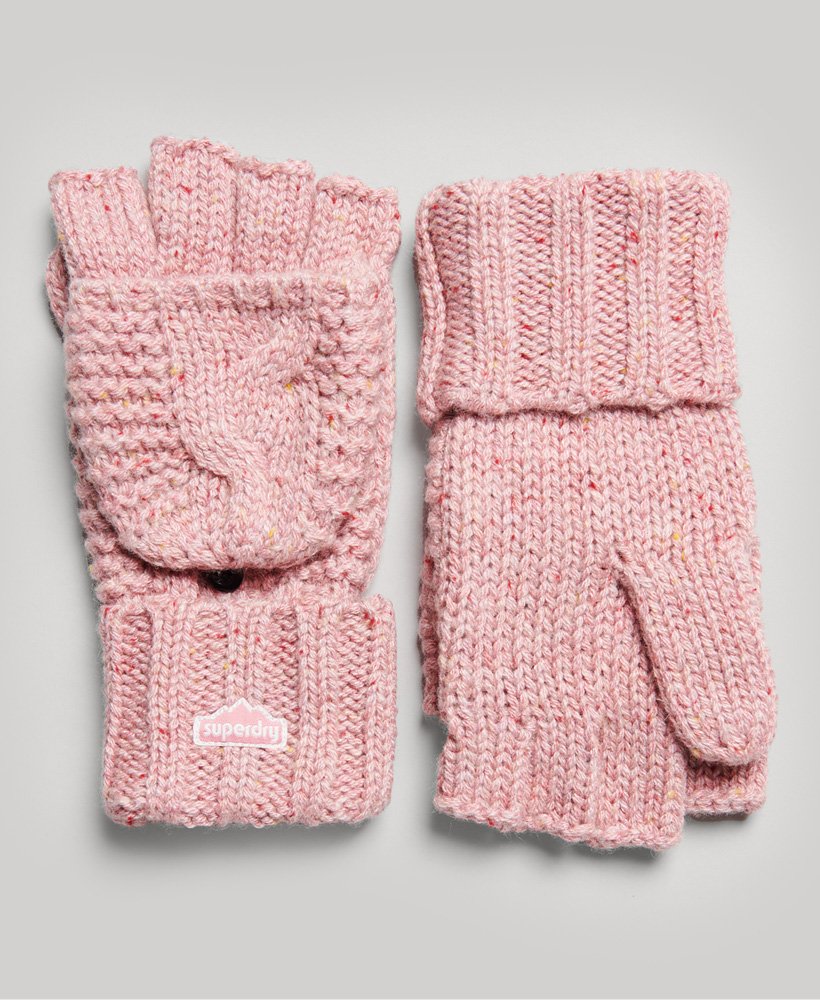 luvas de tricô trançado em tweed rosa
