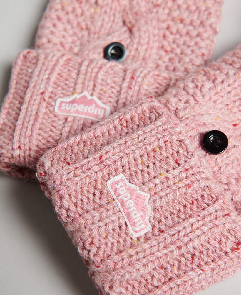 luvas de tricô trançado em tweed rosa