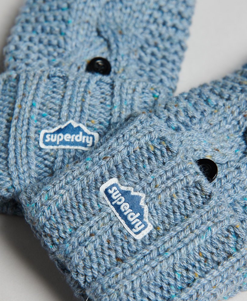 luvas de tricô trançado em tweed azul suave