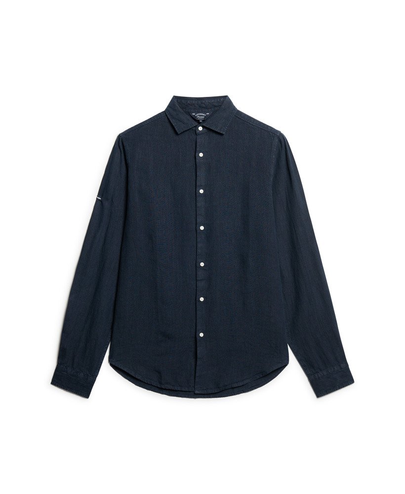 camisa casual de linho de manga comprida na cor azul marinho.