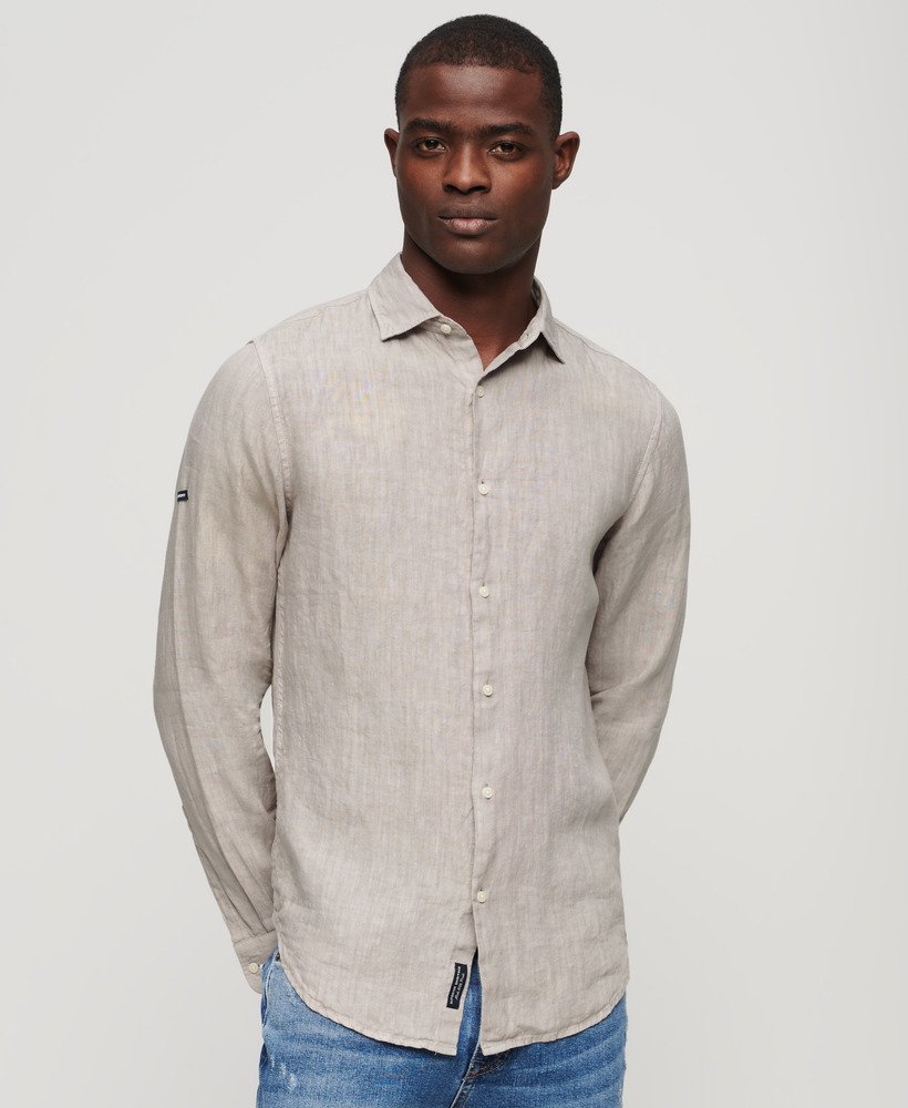 camisa casual de linho de manga comprida na cor cinza mesclado.