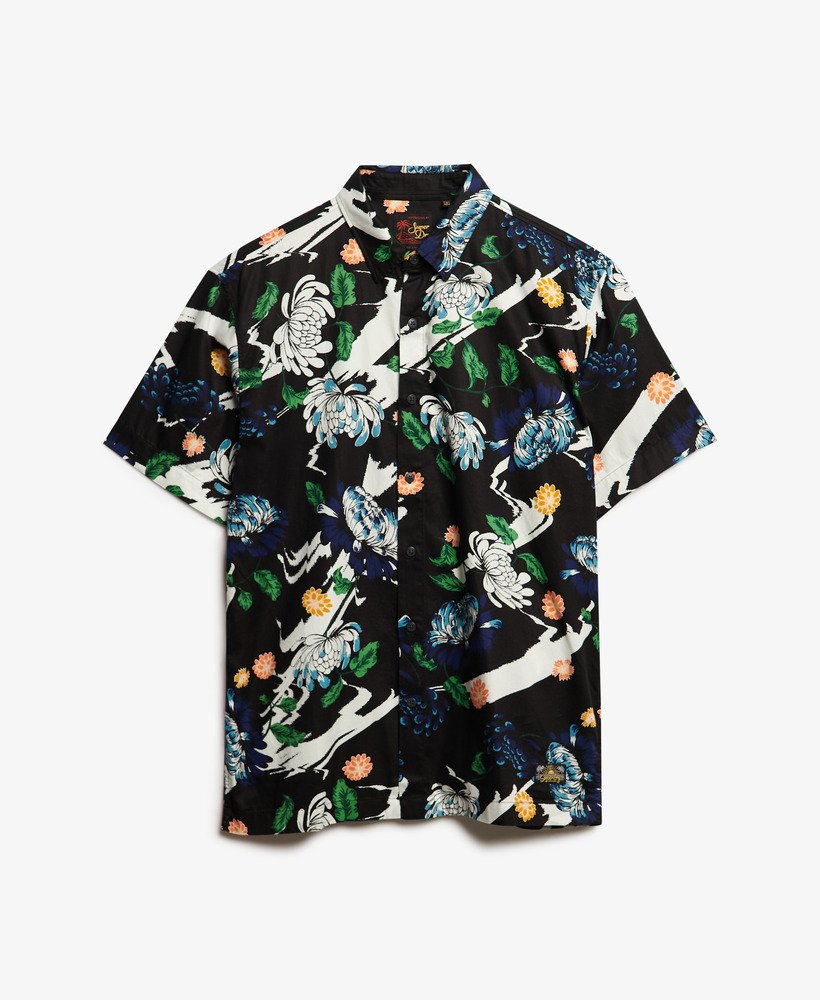 camisa havaiana de manga curta em estampa floral preta aya