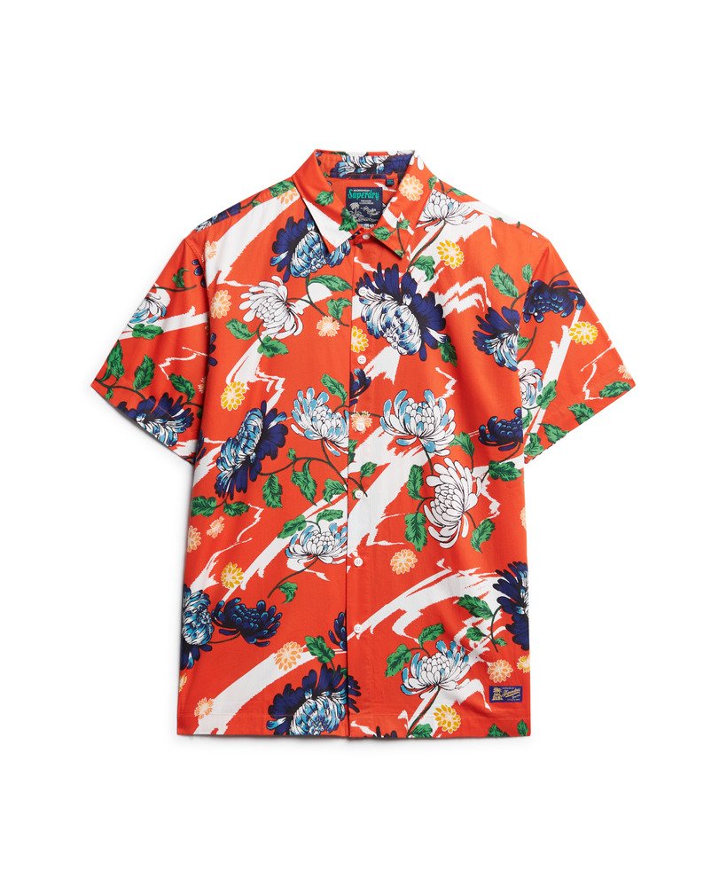 camisa havaiana de manga curta com estampa floral laranja queimado aya.